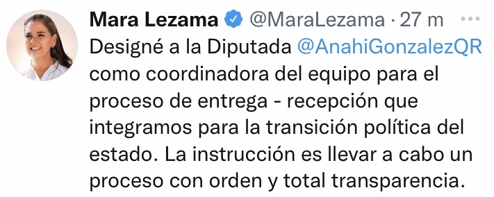 Mara Lezama confirma a Anahí González cómo su Coordinadora General en el proceso de entrega-recepción.