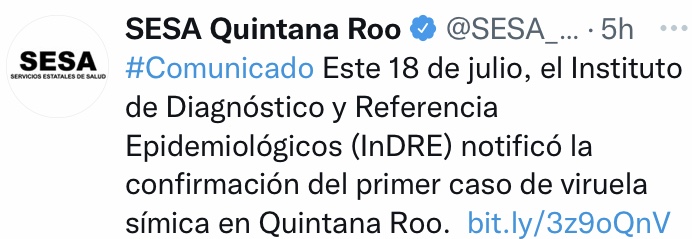 Viruela Símica, Quintana Roo registra primer caso. 
