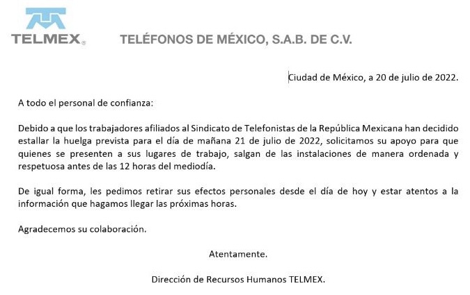 Huelga en Telmex, estallaría este jueves al medio día.