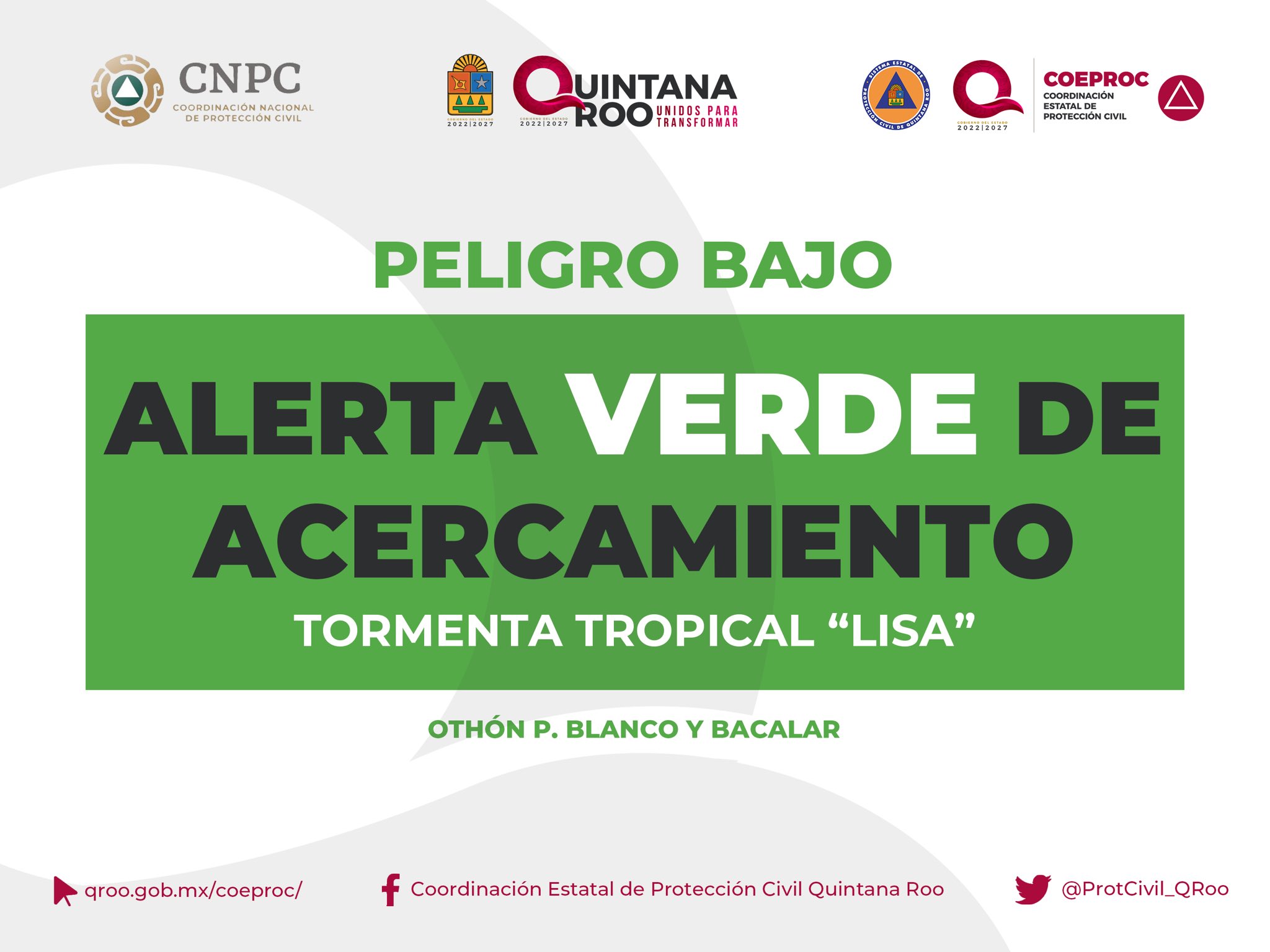 El gobierno de Quintana Roo emitió alerta verde para los municipios de Bacalar y Othón P. Blanco.