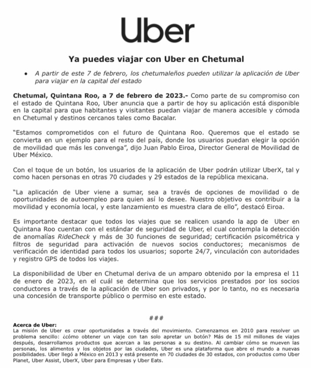 Uber inicia operaciones en Chetumal