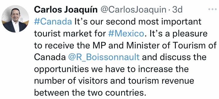 Incrementa turismo canadiense en destinos de México: Carlos Joaquín