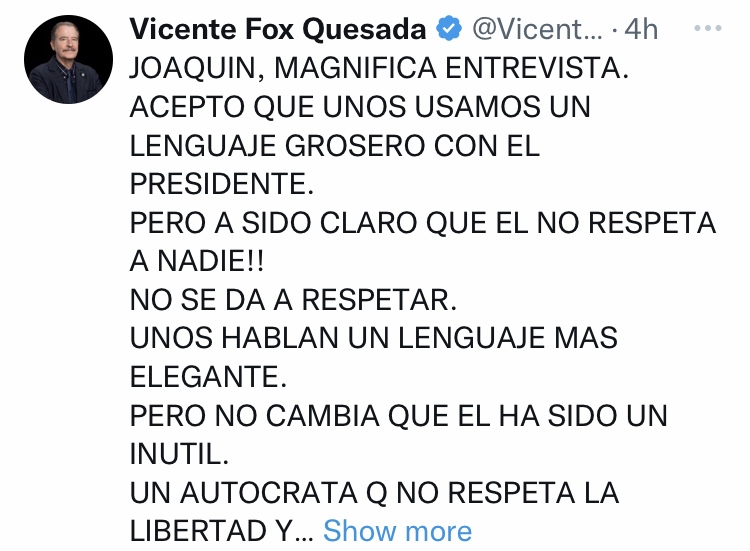 El ex presidente Vicente Fox y el periodista Joaquín López-Dóriga discreparon sobre si se debe o no respetar al presidente Andrés Manuel López Obrador (AMLO)