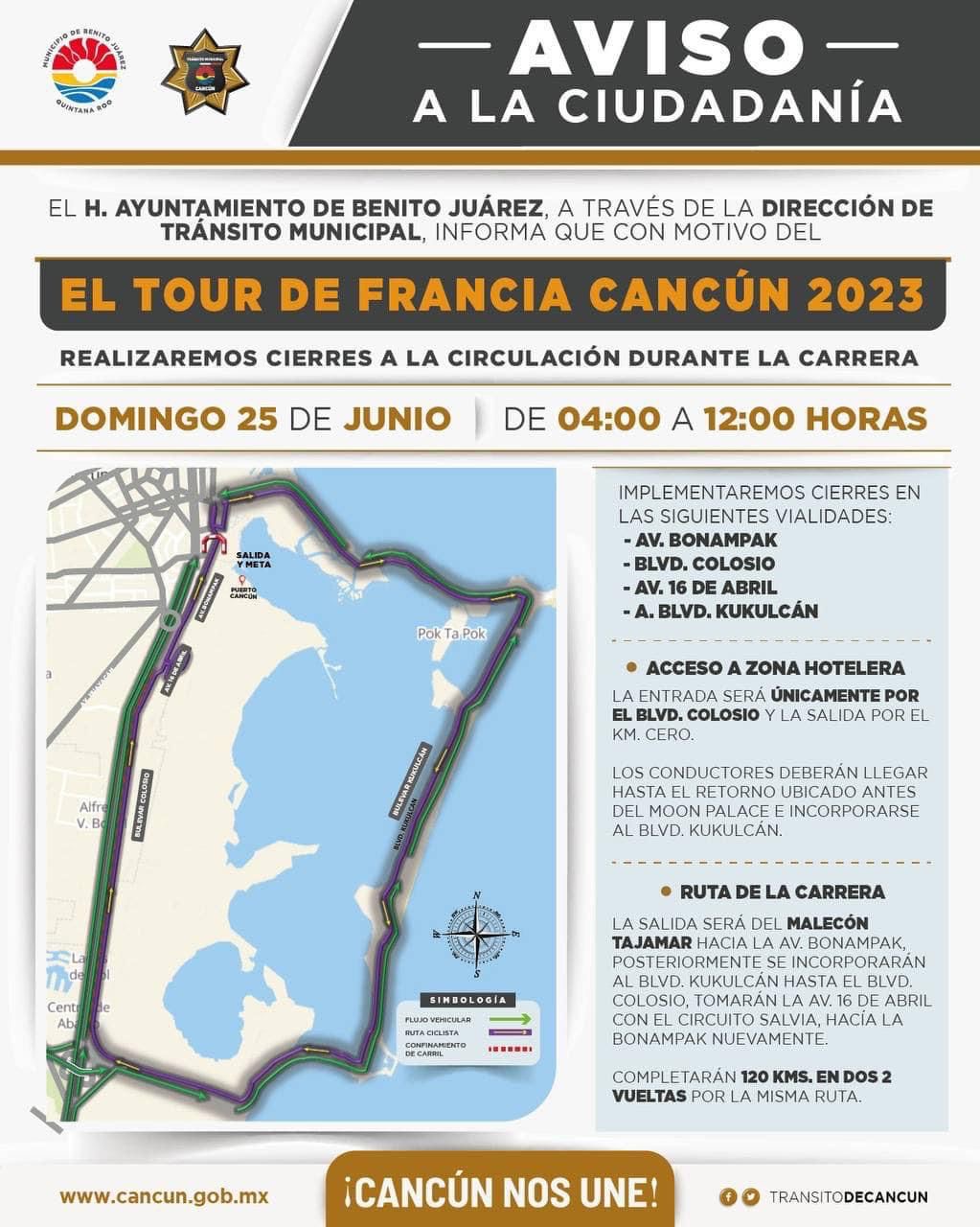 Tour de Francia Cancún 2023”, que tendrá lugar este domingo 25 de junio, se llevarán a cabo cierres a la circulación las avenidas
